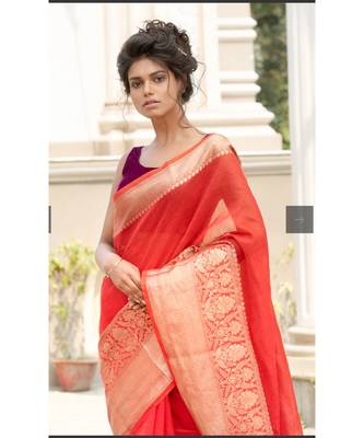 RED Banarsi Linen Saree with blouse piece 1