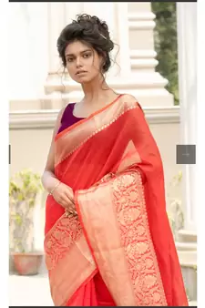 RED Banarsi Linen Saree with blouse piece