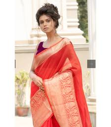 RED Banarsi Linen Saree with blouse piece