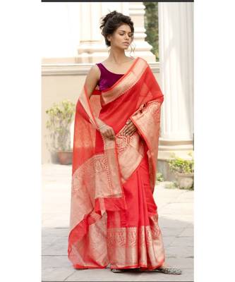 RED Banarsi Linen Saree with blouse piece 2
