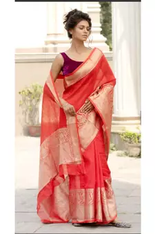 RED Banarsi Linen Saree with blouse piece