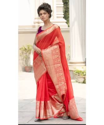 RED Banarsi Linen Saree with blouse piece 3