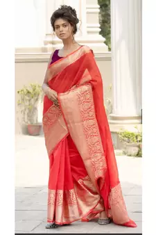 RED Banarsi Linen Saree with blouse piece