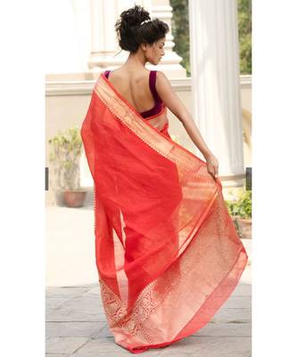 RED Banarsi Linen Saree with blouse piece 4