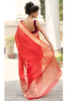 RED Banarsi Linen Saree with blouse piece