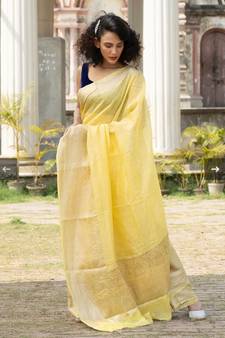 yellow Banarsi Linen Saree with blouse piece