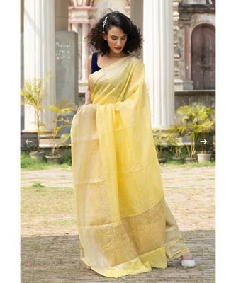 yellow Banarsi Linen Saree with blouse piece 1