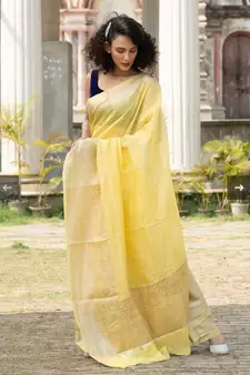 yellow Banarsi Linen Saree with blouse piece