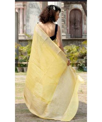 yellow Banarsi Linen Saree with blouse piece 2