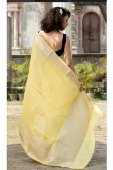 yellow Banarsi Linen Saree with blouse piece