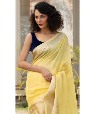 yellow Banarsi Linen Saree with blouse piece 3