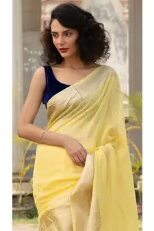 yellow Banarsi Linen Saree with blouse piece