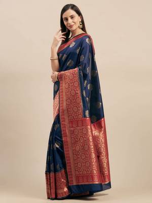Shaily Women's Woven Design Silk Blend Navy Blue & Red Saree 1