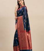 Shaily Women's Woven Design Silk Blend Navy Blue & Red Saree