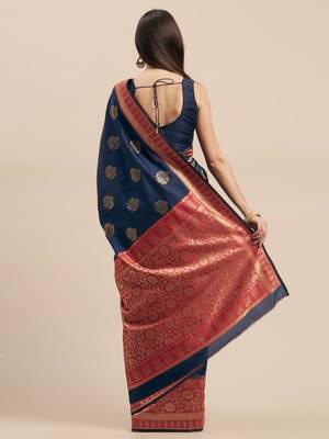 Shaily Women's Woven Design Silk Blend Navy Blue & Red Saree 2