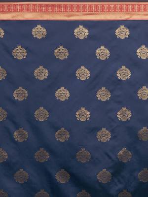 Shaily Women's Woven Design Silk Blend Navy Blue & Red Saree 3