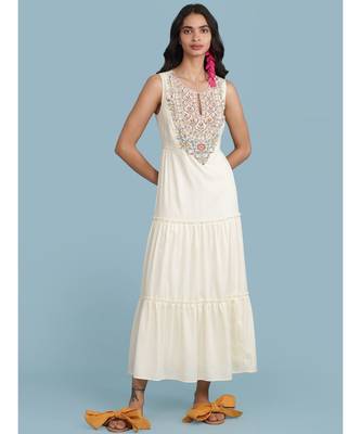 Off White Embroidered Long Dress 1