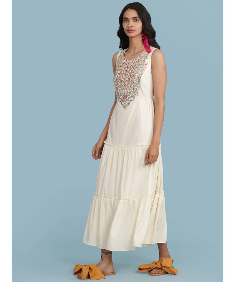 Off White Embroidered Long Dress