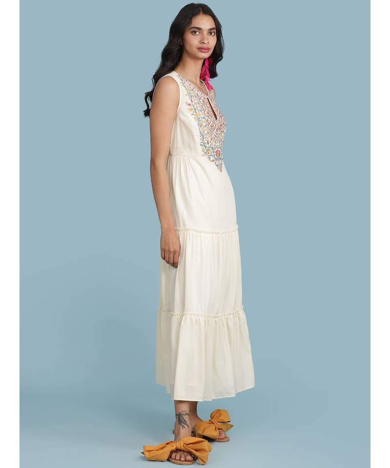 Off White Embroidered Long Dress