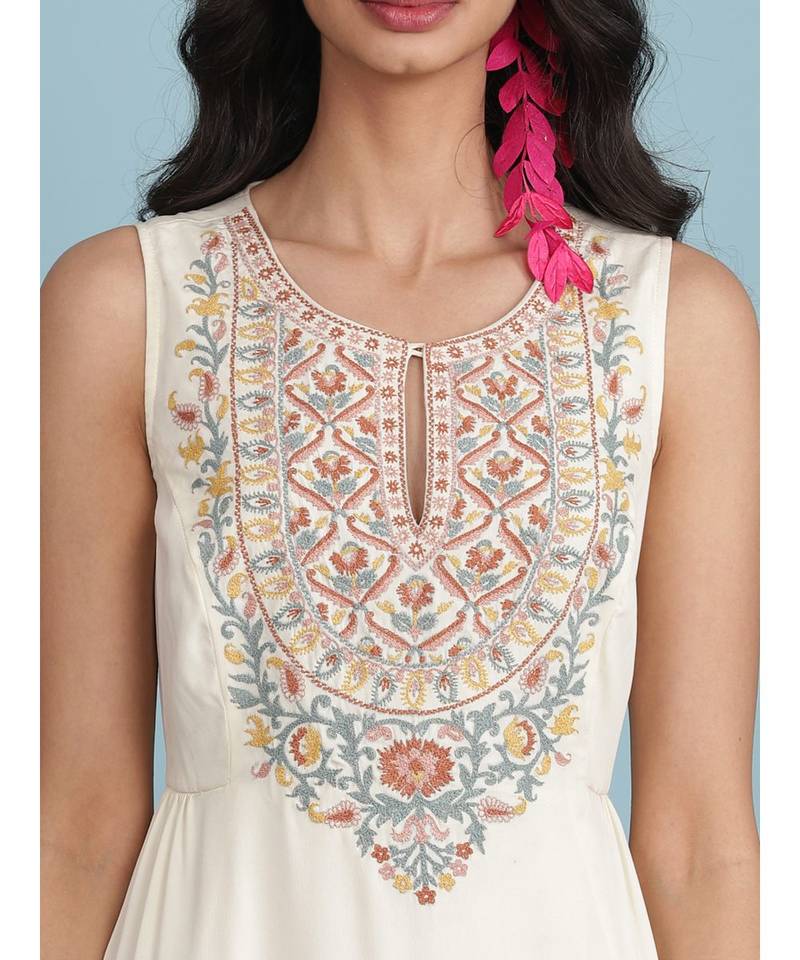 Off White Embroidered Long Dress