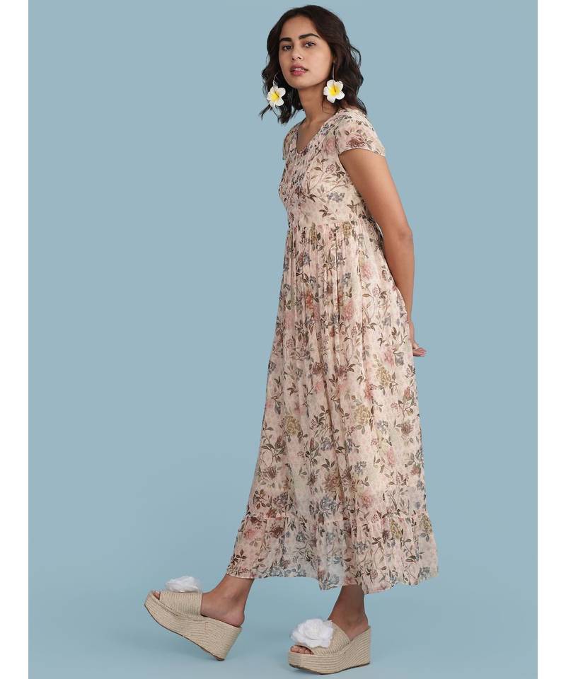 Baby Pink Floral Print Short Sleeve Maxi Dress