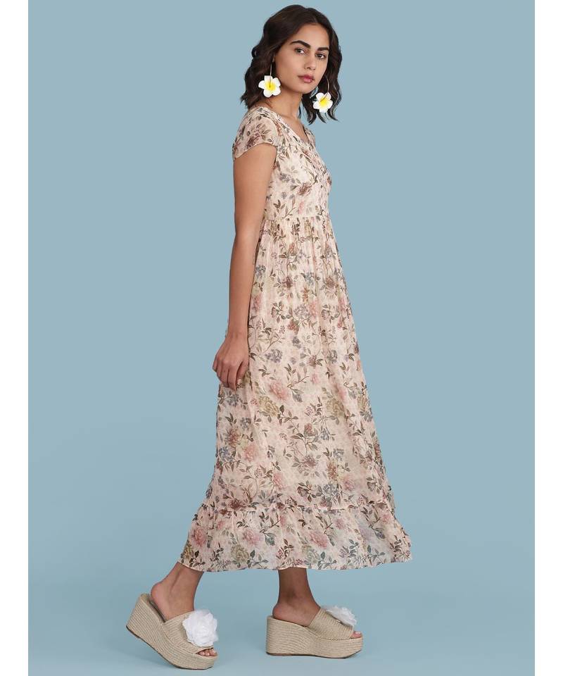 Baby Pink Floral Print Short Sleeve Maxi Dress