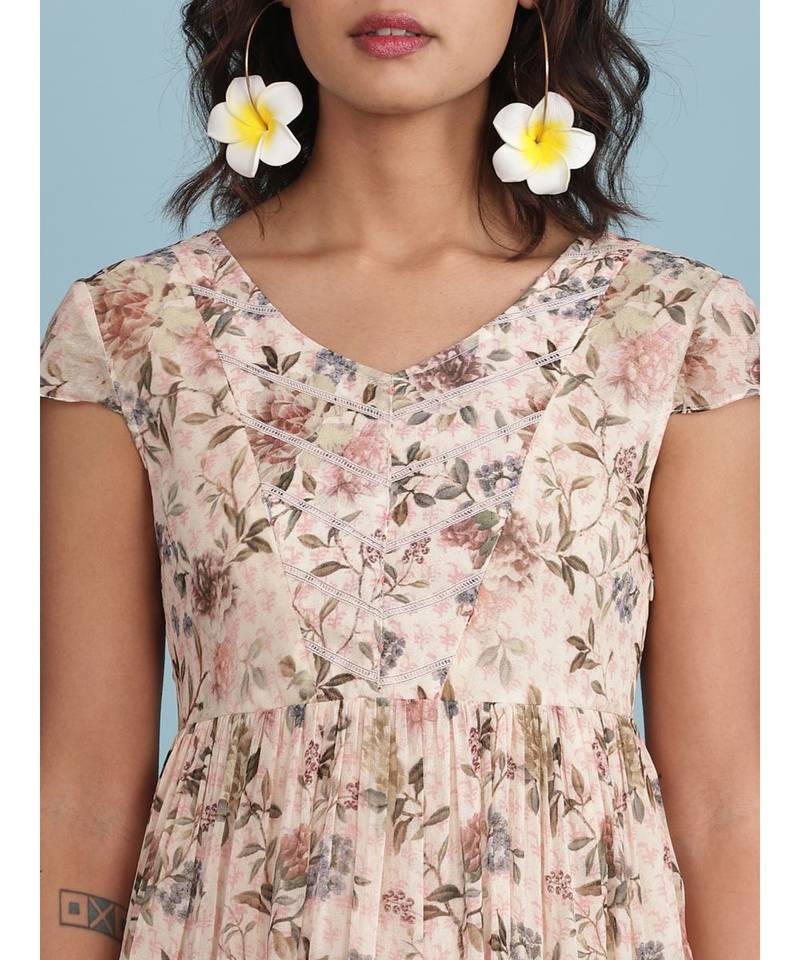 Baby Pink Floral Print Short Sleeve Maxi Dress