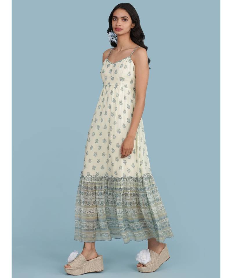 Ecru Printed Strappy Maxi Dress
