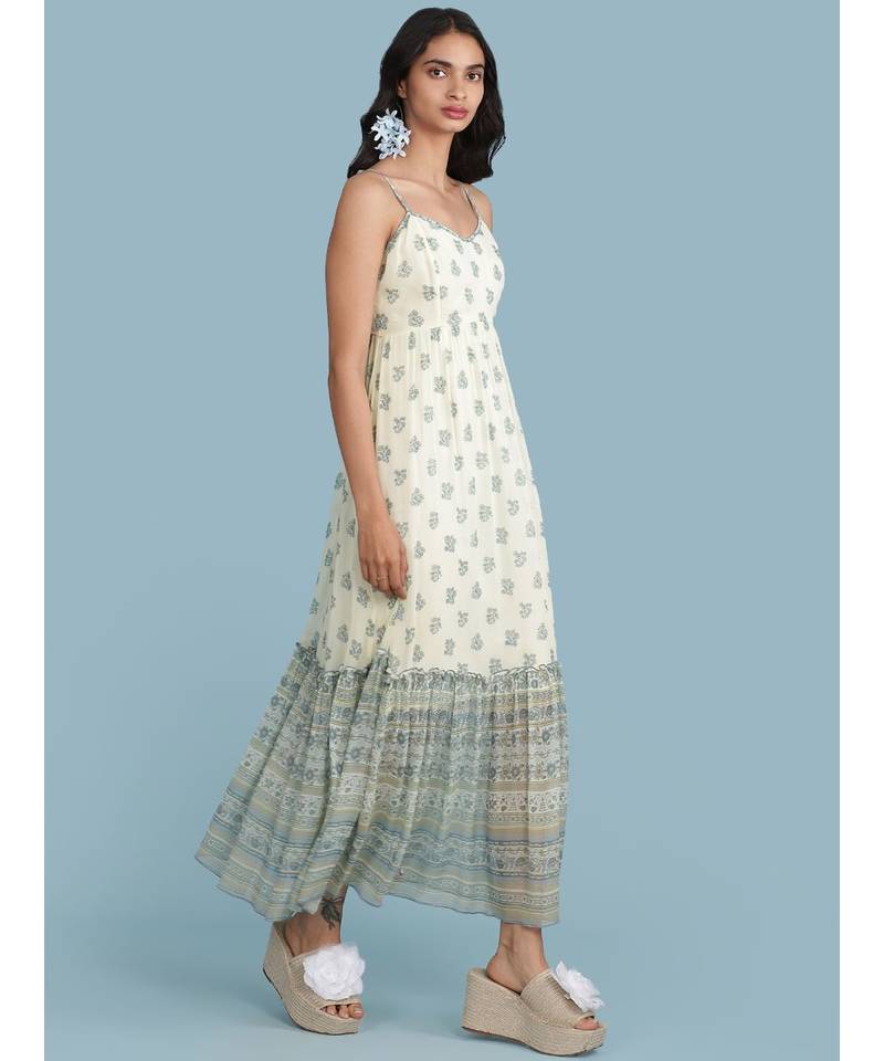 Ecru Printed Strappy Maxi Dress