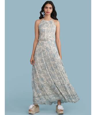 Ice Blue Printed Halter Maxi Dress 1