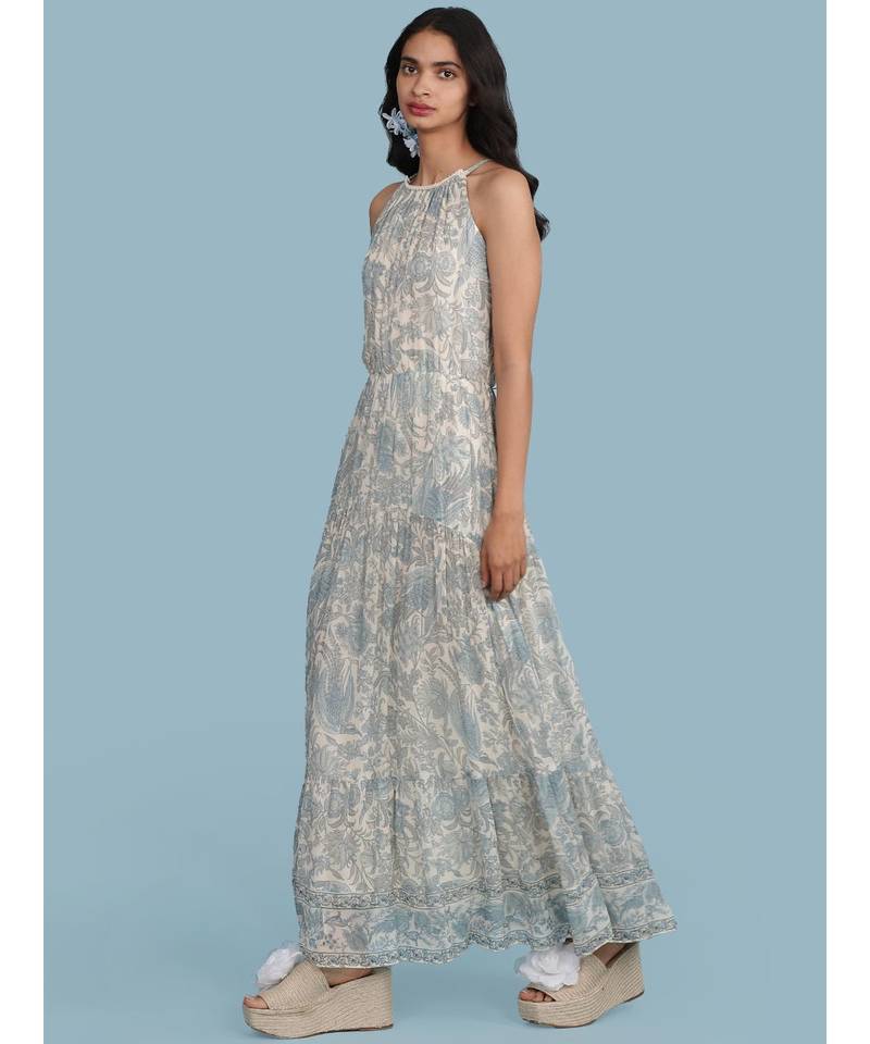 Ice Blue Printed Halter Maxi Dress