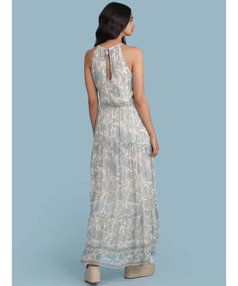Ice Blue Printed Halter Maxi Dress