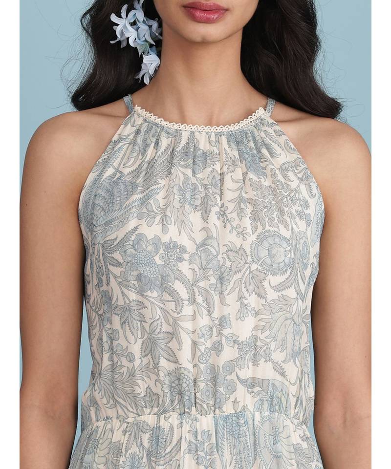 Ice Blue Printed Halter Maxi Dress