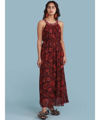 Burgundy Printed Halter Maxi Dress 1