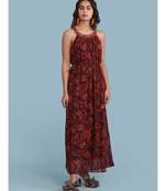 Burgundy Printed Halter Maxi Dress