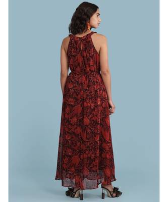 Burgundy Printed Halter Maxi Dress 4