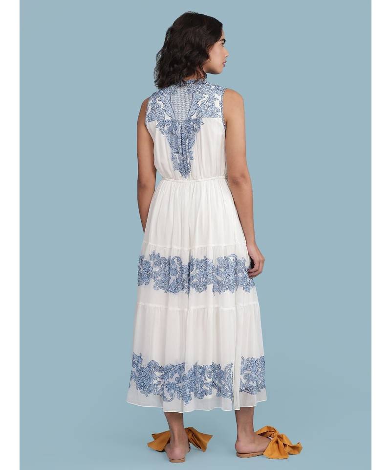 White Embroidered Round Neck Sleeveless Maxi Dress