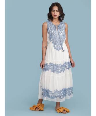 White Embroidered Round Neck Sleeveless Maxi Dress 1