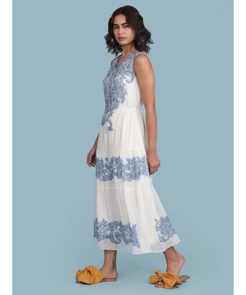 White Embroidered Round Neck Sleeveless Maxi Dress