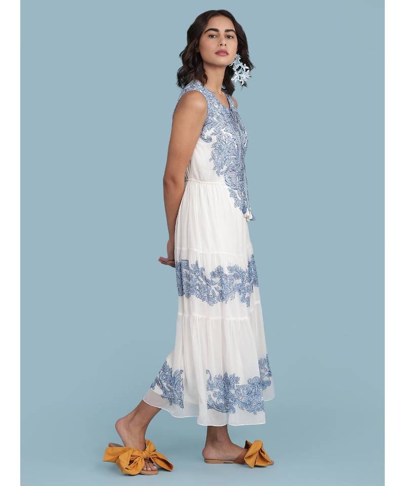 White Embroidered Round Neck Sleeveless Maxi Dress