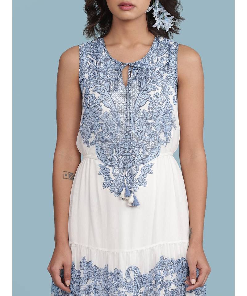 White Embroidered Round Neck Sleeveless Maxi Dress