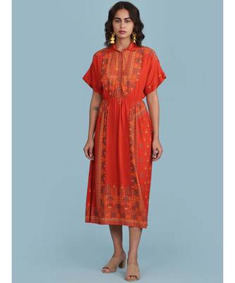 Orange Printed Shirt Collar Long Dress 1
