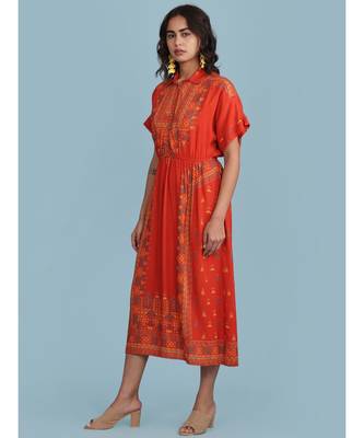 Orange Printed Shirt Collar Long Dress 2