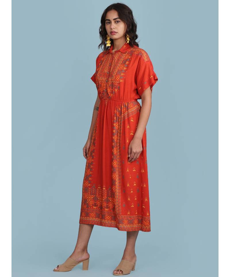 Orange Printed Shirt Collar Long Dress
