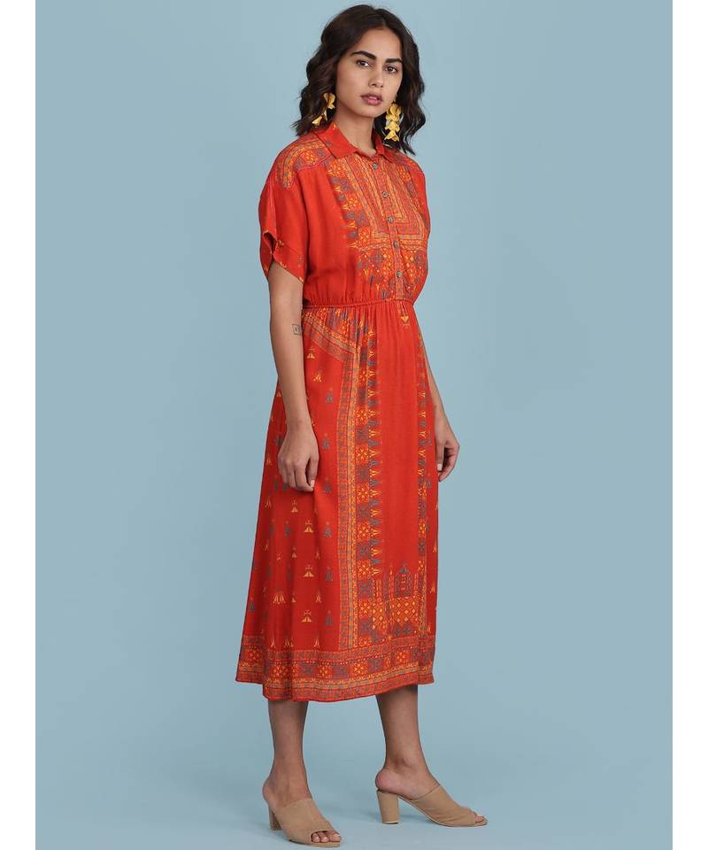 Orange Printed Shirt Collar Long Dress