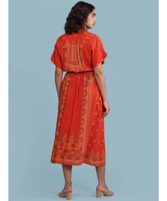 Orange Printed Shirt Collar Long Dress 4