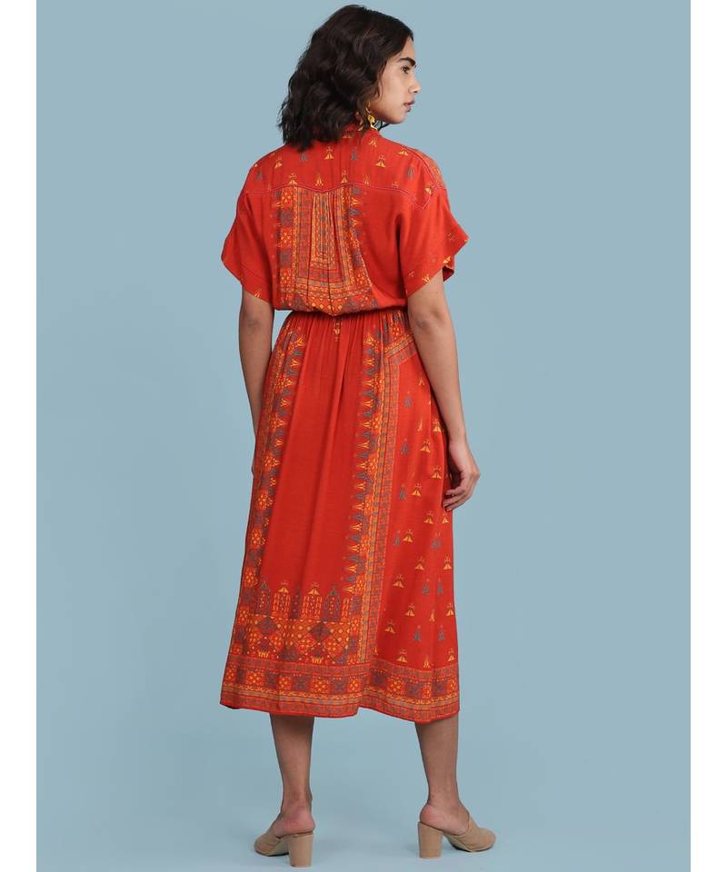 Orange Printed Shirt Collar Long Dress
