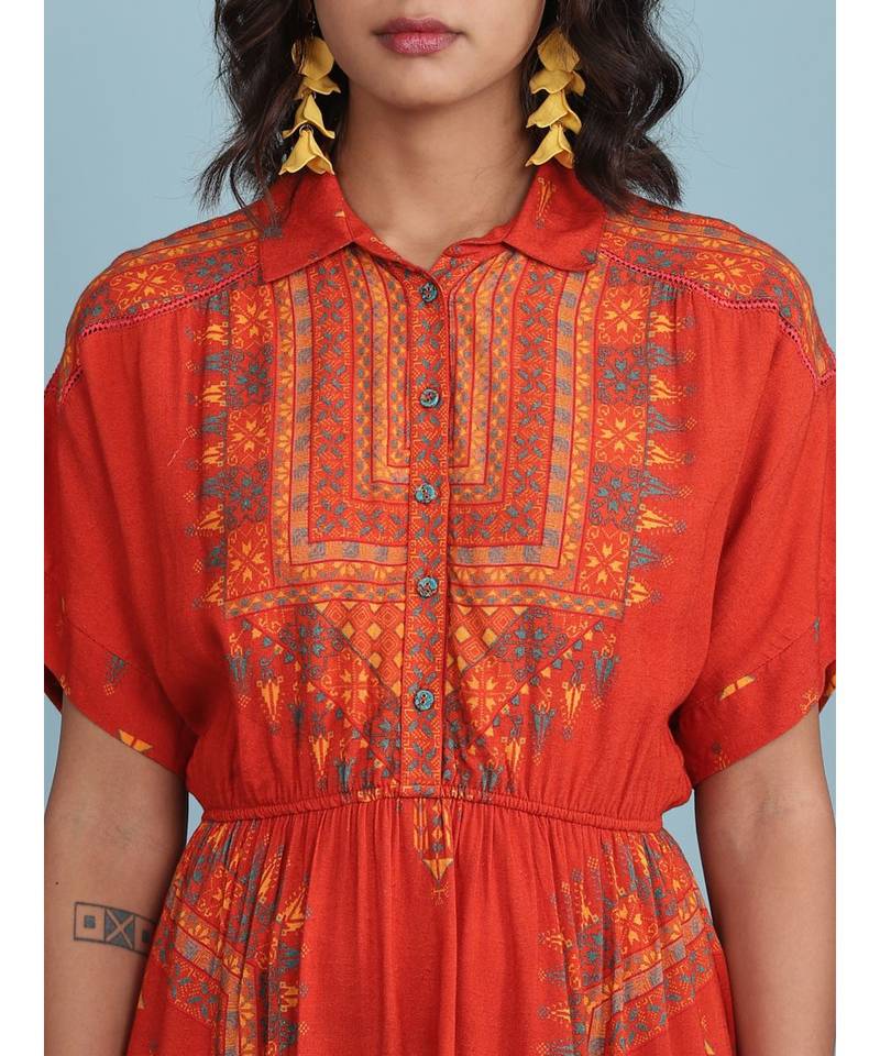 Orange Printed Shirt Collar Long Dress