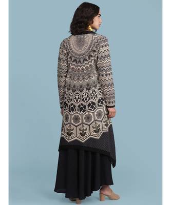 Black & Off White Printed Ensemble Strappy Long Dress With Cape 2