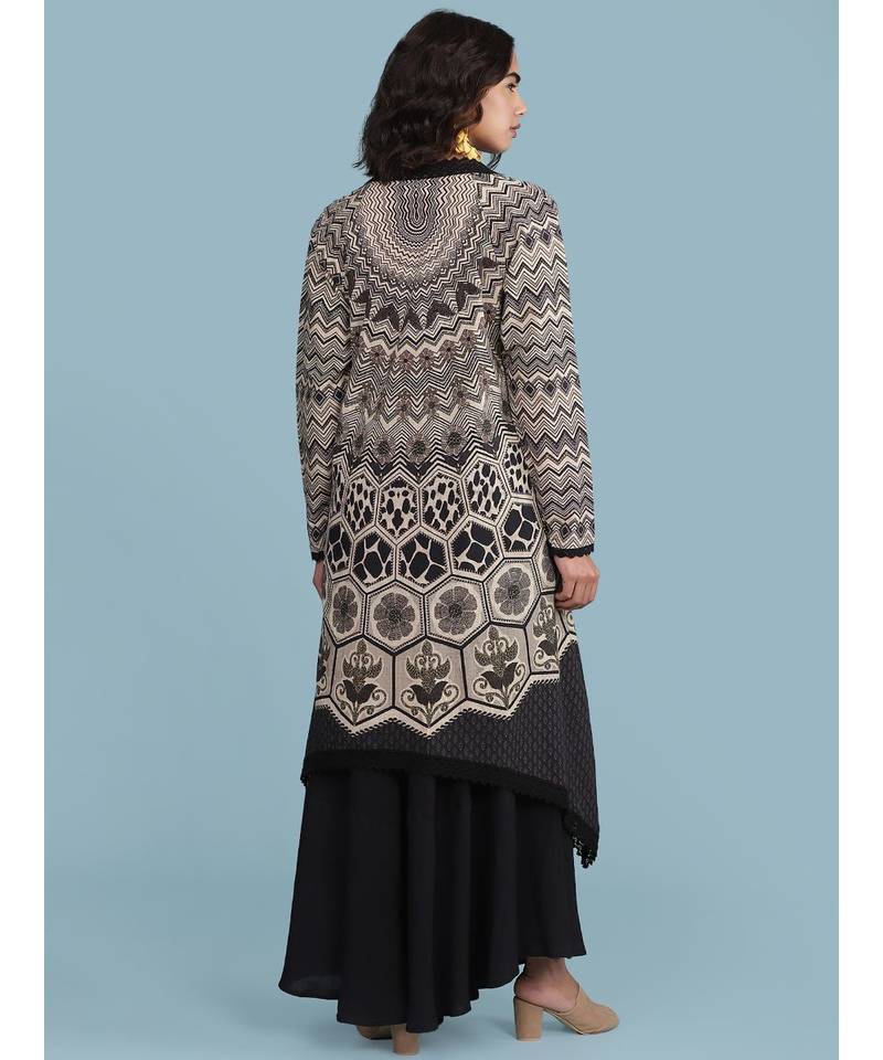 Black & Off White Printed Ensemble Strappy Long Dress With Cape